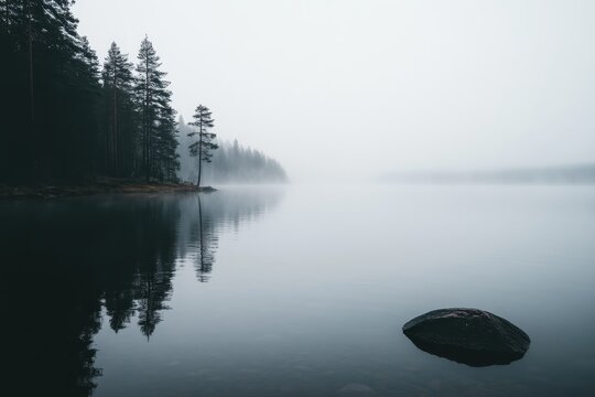 An island with many dark trees surrounded by a mysterious mountain
