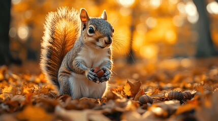 Cute squirrel holding a nut in an autumn forest, surrounded by fallen leaves and warm, golden tones of fall.