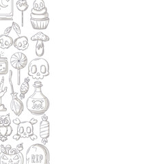 Halloween minimalist vector square poster, space for text. Left side frame with spooky, scary gray icons from pumpkin, skull, bones, broom. For card, banner, invitation, social media, party or note