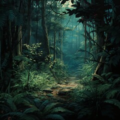 Vibrant jungle with winding path, ideal for travel ads or nature projects. © Irinka Dimkovna