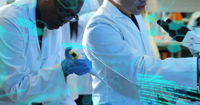 Animation of scientific data processing over diverse scientists in laboratory - Powered by Adobe