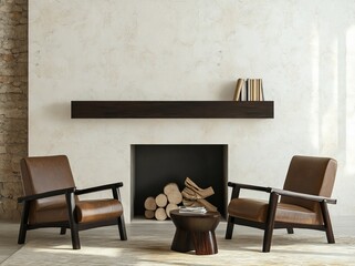 The mock-up features tufted white armchairs, brushed metal coffee table, and modern fireplace within a living room.