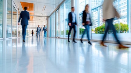 Fototapeta premium A group of people walking down a long hallway in an office building, AI
