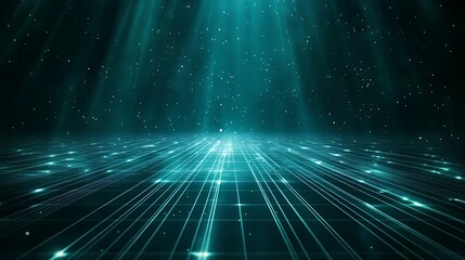 Fototapeta premium A mesmerizing digital landscape featuring radiant beams of light and a shimmering grid, creating a futuristic atmosphere.