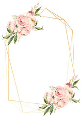 Cornice floreale geometrica oro boho chic con fiori rosa acquerello © martina valsecchi