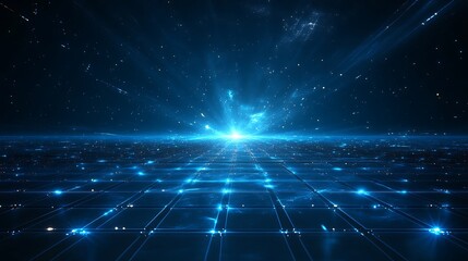 A mesmerizing digital landscape with radiant beams and glowing grids, evoking a sense of depth and futuristic technology.