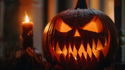 A close-up of a carved pumpkin with an angry, jagged face illuminated by a flickering candle from within, with shadows cast on the nearby wall