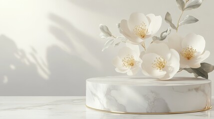 This is an abstract background with empty marble pedestals decorated with gold and white paper flowers, a mockup display of a commercial product on a podium with a floral arrangement.