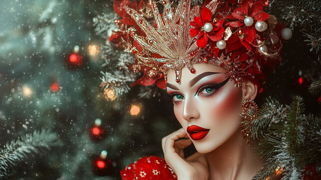 Professional style photo of super glamorous drag queen with a Christmas or festive season inspired theme, LGBTQ+, queer Christmas. Wide landscape 16:9 with copy space, copy blank
