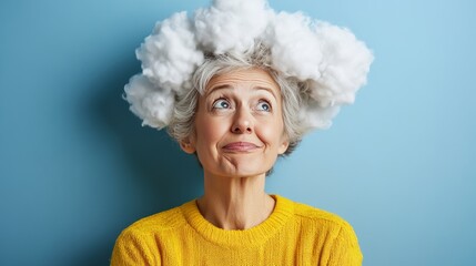 Dreamy Mature Woman with Fluffy Cloud on Head, Contemplative Expression, Isolated on Blue Background