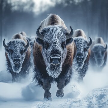 Herd of bison charging through the snow in a winter landscape, creating a powerful and dynamic nature scene.