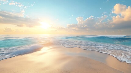 A sunny beach with waves gently lapping at the shore.