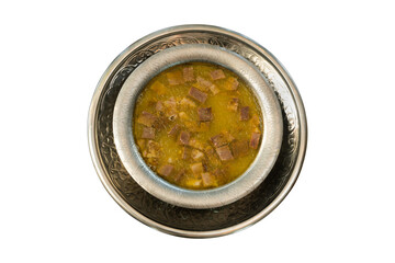 Top view, Traditional delicious Turkish food, Turkish traditional tripe soup;  Turkish Meat Soup Kelle Paca (Turkish name; Kelle paca corbasi) ,isolated on white background