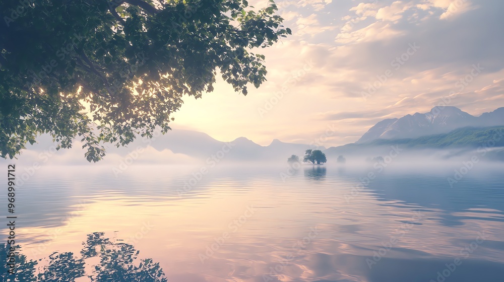 Canvas Prints A tranquil lake with a tree in the distance surrounded by fog and mountains.