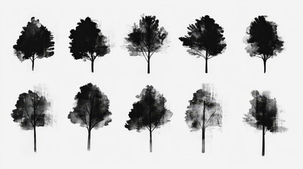 Fototapeta premium Trendy set of black silhouettes of trees on a white background, made with ink, rough brushstrokes. Generative AI
