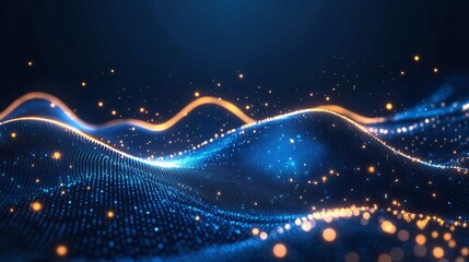 A stunning abstract representation of flowing waves with glowing lights on a deep blue background, perfect for tech and design themes.
