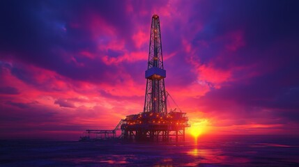 Obraz premium Offshore oil rig at sunset, with dramatic purple and orange skies reflecting on the water, capturing the grandeur and intensity of industrial engineering against the backdrop of nature's beauty