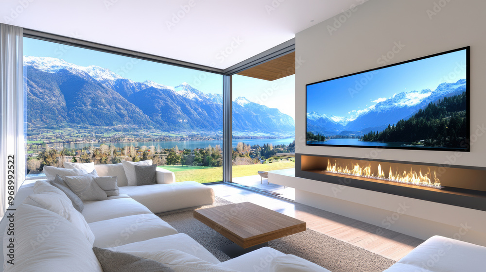 Poster A living room with a fireplace and large windows overlooking the mountains, AI