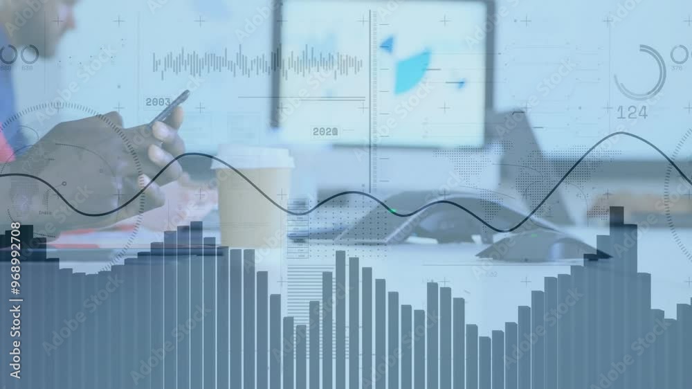 Poster animation of data processing and diagrams over diverse colleagues using smartphone