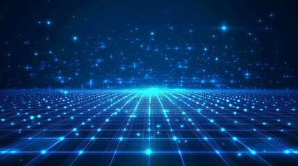 A stunning blue digital landscape filled with sparkling lights and grid patterns, evoking a futuristic and tech-inspired atmosphere.