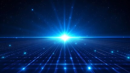 A stunning blue light radiates across a starry background, creating a sense of depth and cosmic wonder.