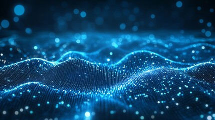 Naklejka premium A stunning blue wave with glowing particles, representing digital technology and innovation in a futuristic landscape.