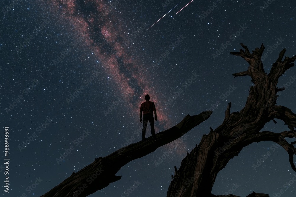 Wall mural an observer stands on the trunk of a large tree and observes the universe