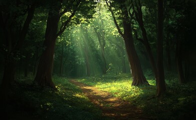Obraz premium Stunning magical forest with fabulous trees. Landscape of a forest with the sun shining on its leaves and branches. Illustration of a magical summer forest.