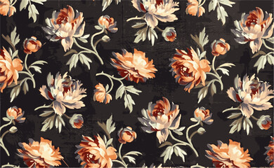 A dark-hued fabric adorned with a pattern of elegant, stylized peach and pink flowers and green foliage, offering a classic, vintage aesthetic.