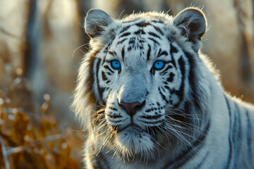 A white tiger with blue eyes standing in the grass