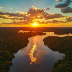 Obraz premium Scenic aerial sunset view of rainforest water jungle in Amazonas state Brazil