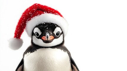 Fototapeta premium Penguin in a New Year's hat, isolated on a white background. Funny festive New Year's penguin, cute animal dressed in Santa clothes. Celebrating Christmas 2025. Generation AI