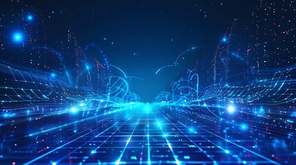 Fototapeta premium A stunning digital landscape featuring a glowing grid and vibrant blue particles, showcasing futuristic technology and innovation.