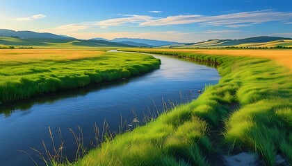 Under the clear sky, a beautiful river flows through green fields, and in the distance are golden grass and hills, showing the beauty of natural tranquility and harmony.