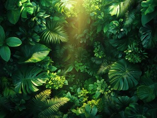 Fototapeta premium Lush, vibrant green jungle foliage with sun rays streaming through, creating a serene and natural tropical atmosphere.