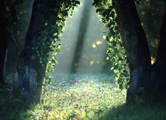 Fototapeta premium Imaginative background with a mystic forest and a green field