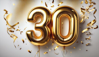Gold birthday / anniversary balloon, number 30, white background with confetti