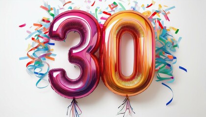 birthday / anniversary balloon, number 30, white background with confetti