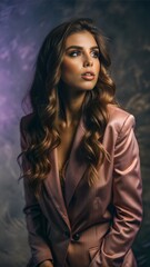 Stylish Woman in Pink Satin Blazer Looking Away with Thoughtful Expression