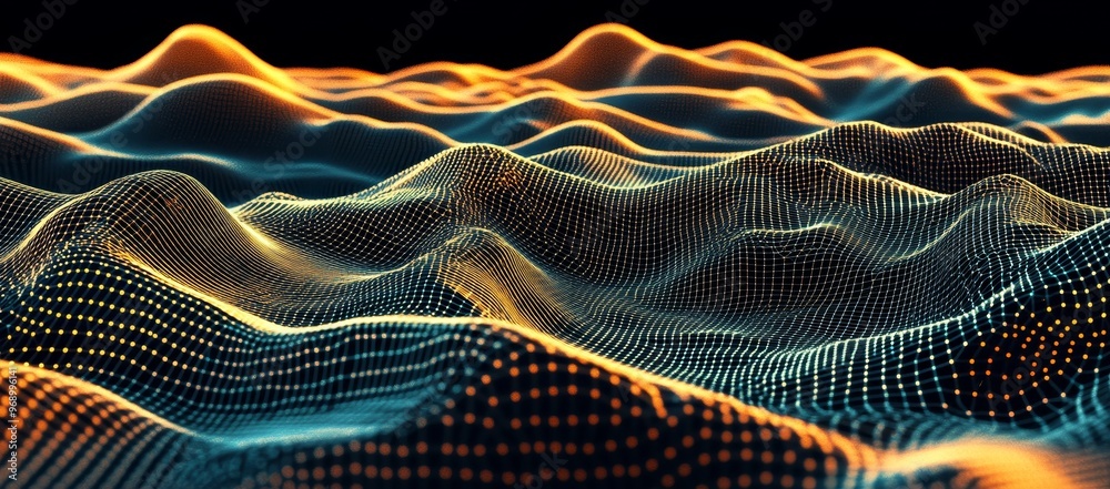 Wall mural 3d rendering of gold hexagonal wave. big data visualization. abstract background with a dynamic wave