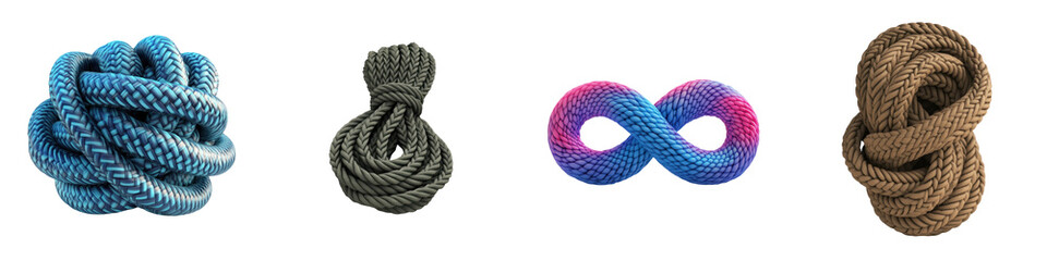 A creative display of colorful knotted ropes arranged in various shapes and styles, showcasing texture and pattern diversity.