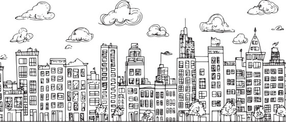 City landscape. Line urban backdrop. Skyline with clouds, different buildings on street, doodle street draw, outline cityscape hand sketch, flat houses. Hand drawn vector illustration	