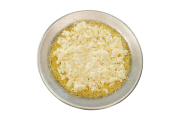 Raw kunafeh, top view, white background.