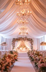 A luxurious indoor wedding scene with chandeliers, white fabric draped ceilings, and a flower-adorned aisle leading to the altar