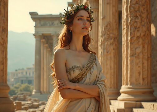 young goddess of beauty woman wearing flower wreath beige dress stands in front of ancient Greek columns.  beautiful lady girl. historical Roman architecture, culture. antiquity.