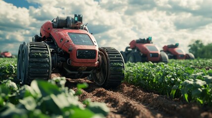 Autonomous AI-enhanced farming equipment: Robots harvesting crops on an AI-optimized farm.