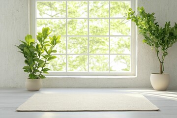 Fototapeta premium Engage in mindful stretching within a tranquil space adorned with abundant natural light and greenery, allowing your body and mind to harmonize.