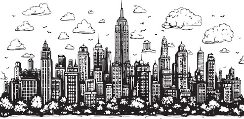 Fototapeta premium City landscape. Line urban backdrop. Skyline with clouds, different buildings on street, doodle street draw, outline cityscape hand sketch, flat houses. Hand drawn vector illustration 