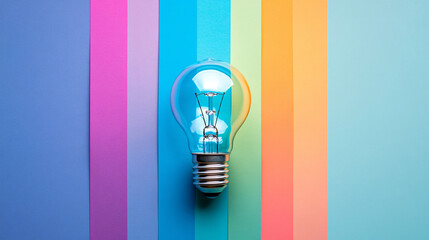 Creative concept light bulb explodes with colorful water colors on a light blue background. Think different, creative idea. Productivity and creativity