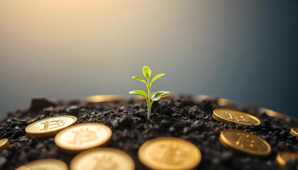 A Small Plant Growing Up Through Gold Coins